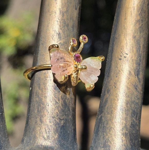 Tourmaline Rhodalite & Amethyst Gemstone Sterling & Gold Butterfly Ring Sz7.75 - Picture 6 of 10